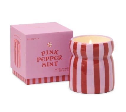 CABANA RED/PINK STRIPED CERAMIC CANDLE - PINK PEPPERMINT
