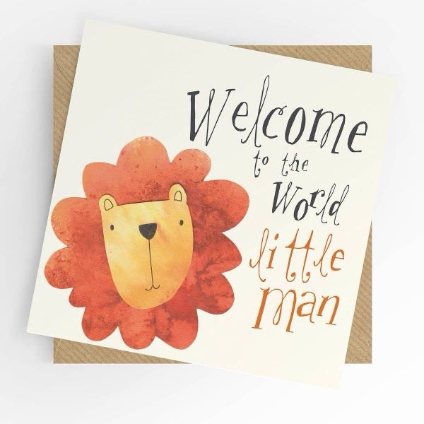 New baby boy card reading Welcome to the World little man with watercolour lion and kraft envelope