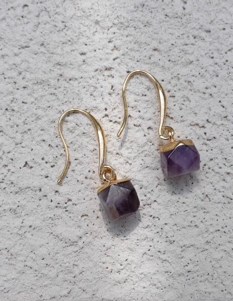 Amethyst Nugget Gemstone Crystal Earrings - 18k Gold Plated