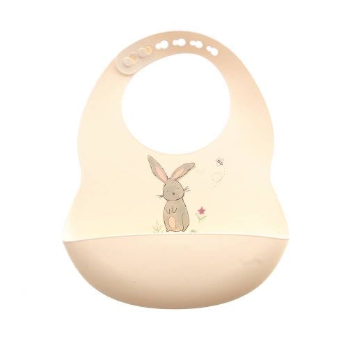 “Silicone baby bib with food catcher pocket, bunny design, waterproof weaning bib