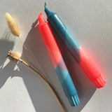 Neon Coral and Teal Dip Dyed Dinner Candles