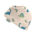 Ziggle baby bandana bib in soft jersey fabric with an all-over repeat pattern of blue brachiosaurus and green stegosaurus dinosaurs on a cream background, laid flat.