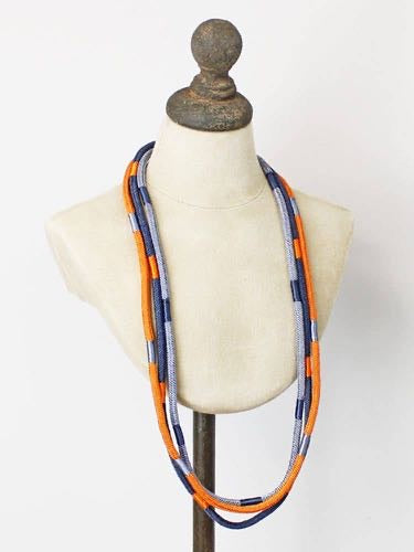 Long Three Strand Cord Necklace in Orange, Navy and Grey