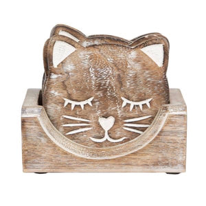 Wooden Carved Cat Coaster - Set Of 6