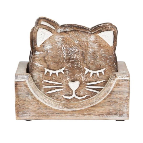 Wooden Carved Cat Coaster - Set Of 6