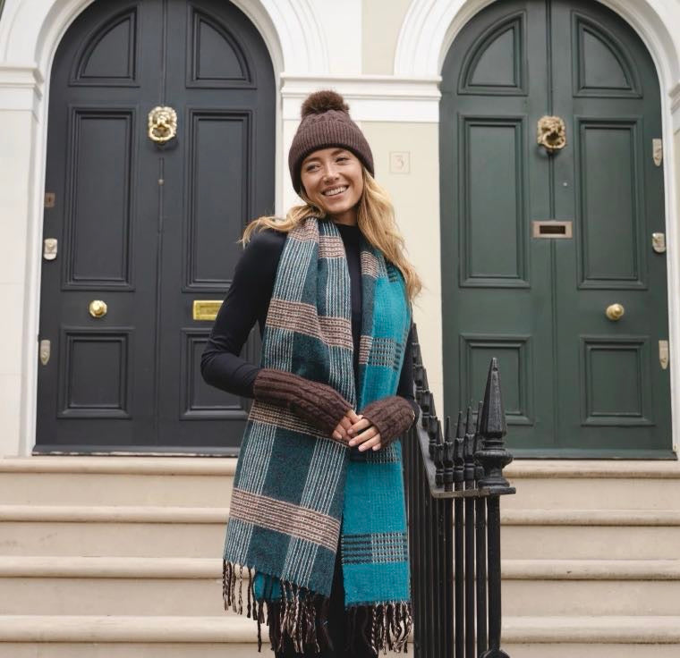 Teal Blue Check Tassel Scarf