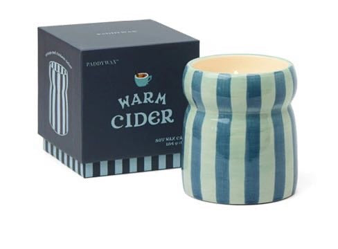 CABANA BLUE/NAVY STRIPED CERAMIC CANDLE - WARM CIDER