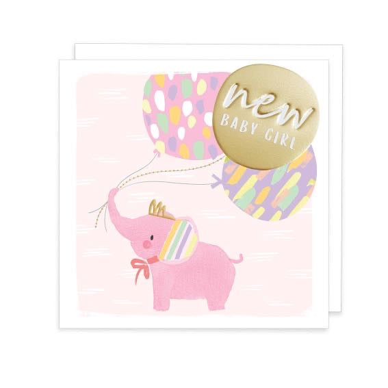 New Baby Girl - pink Elephant with Balloons Greeting Card