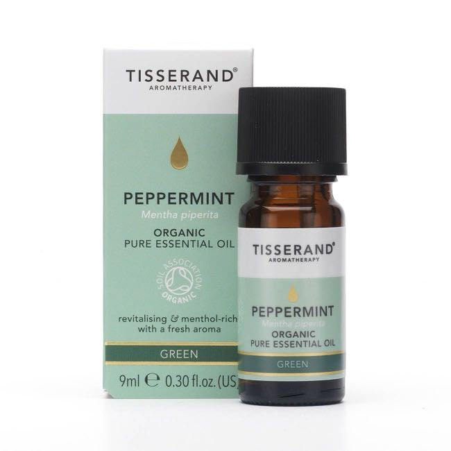 Tisserand Aromatherapy Peppermint Organic Pure Essential Oil 9ml in an amber glass bottle with its branded box, displayed on a clean neutral background