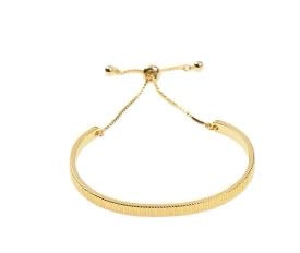 18k gold plated ribbed cuff bangle bracelet with adjustable slider chain on white background
