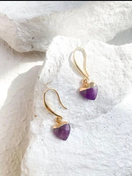 Amethyst Small Heart Gold Plated Gemstone Earrings
