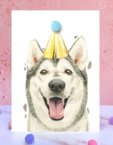 Husky Pompom Birthday Card