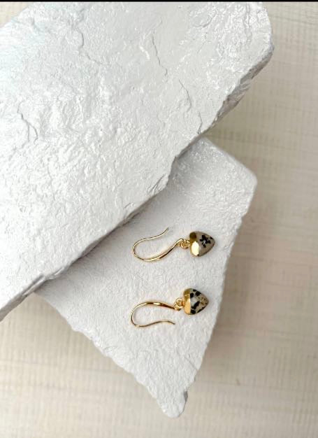 Dalmatian Jasper Small Heart Gold Plated Gemstone Earrings