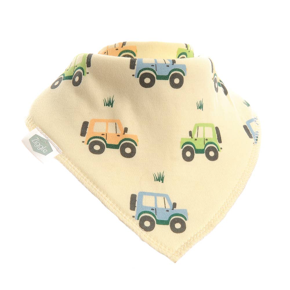 Ziggle baby bandana dribble bib in cream and yellow with an all-over colourful jeep and 4x4 off-road vehicle repeat pattern in green, blue, and orange, with soft jersey fabric and overlocked edges, suitable for babies and toddlers.