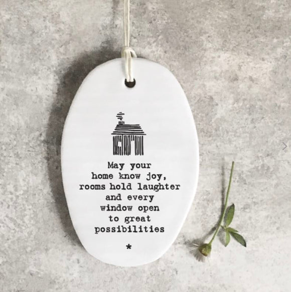 May Your Home Know Joy Oval Porcelain Hanger - East Of India