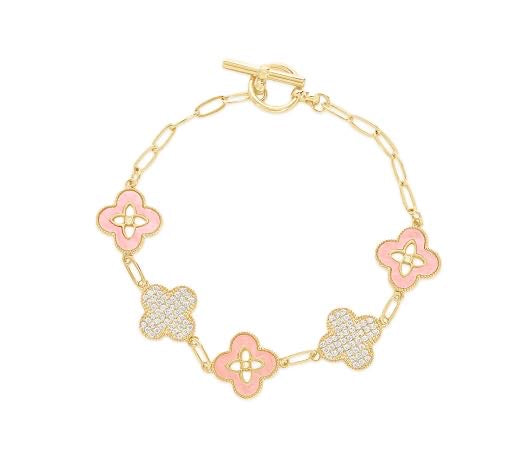 18K gold plated mother of pearl clover bracelet with toggle clasp