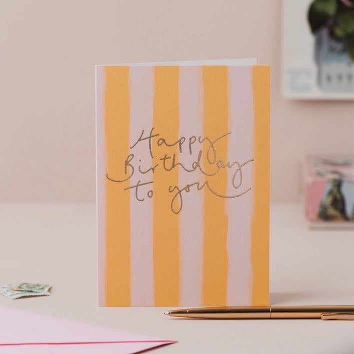 'Happy Birthday to You' -Yellow Stripe + Rose Gold Foil Card-Oh Squirrel