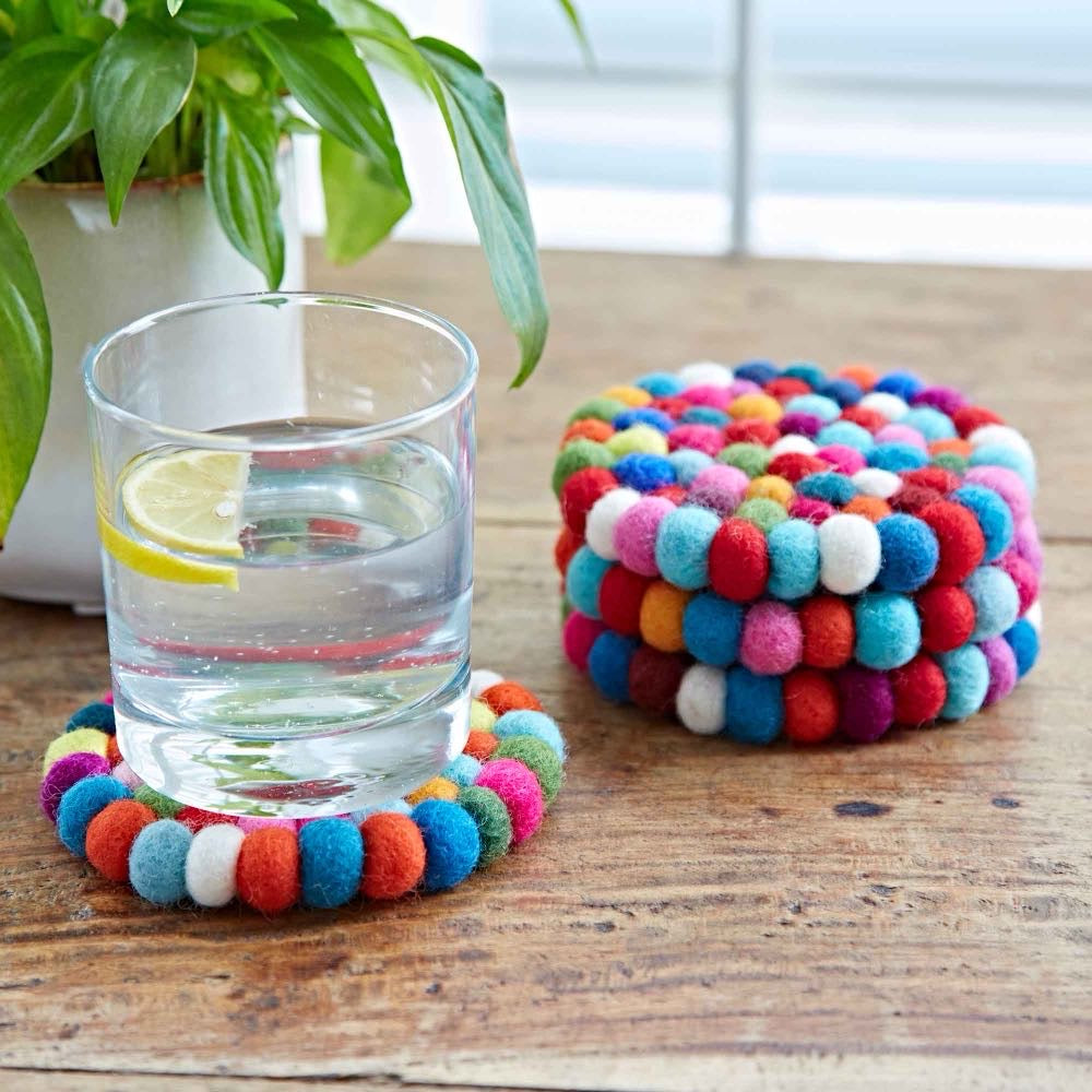 Multicolour Felt Ball Handmade Coasters, Set of 4