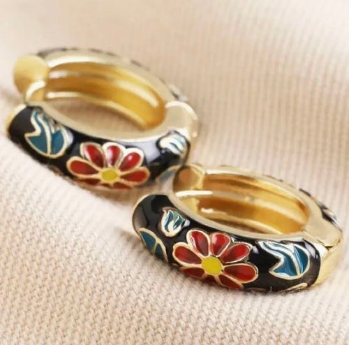 Black Cloisonne Hoop Earrings in Gold