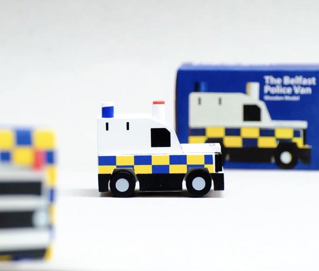 “Cowfield Design Wee Police Van wooden model – Northern Ireland Belfast keepsake gift”