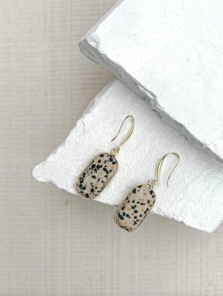 Dalmatian Jasper Rectangle Drop Gold Plated Gemstone Earrings