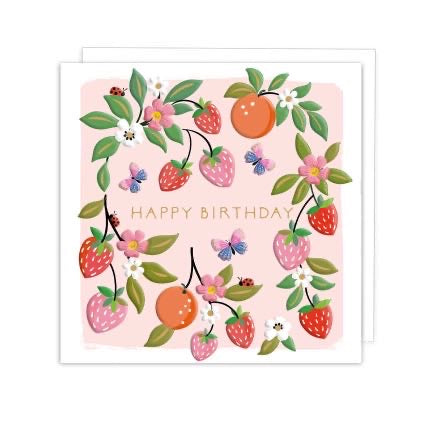 HAPPY BIRTHDAY CARD STRAWBERRIES BUTTERFLIES AND FLOWERS