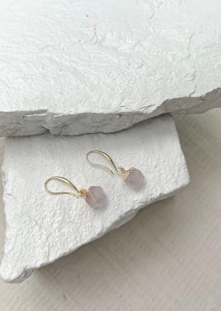 Rose Quartz Nuggets Gold Plated Gemstone Crystal Earrings