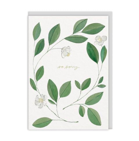 So Sorry sympathy card with botanical leaf wreath and white flowers