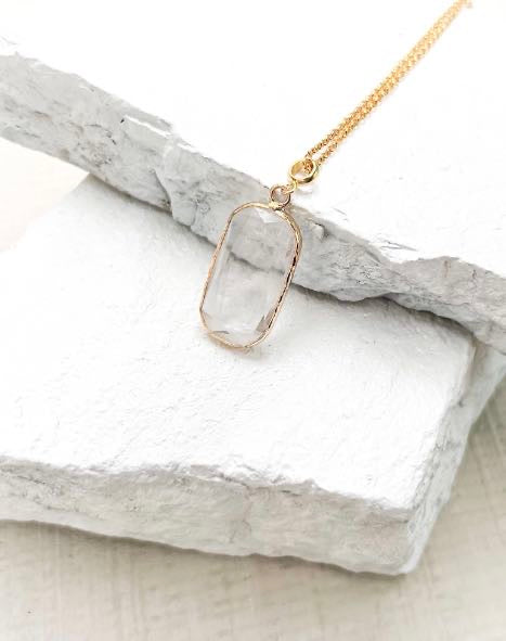Quartz Rectangle Drop Gold Plated Gemstone Crystal Necklace