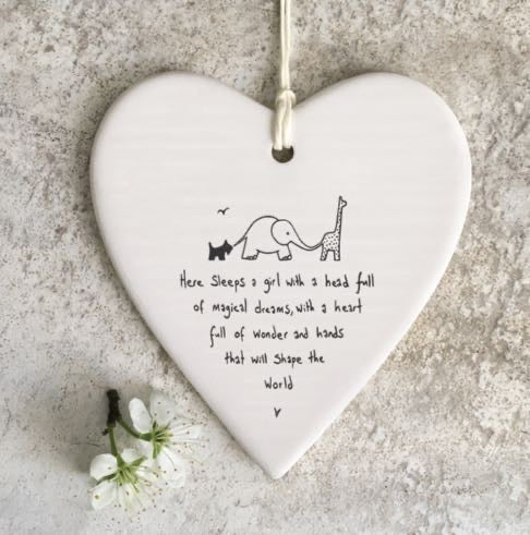 Here Sleeps A Girl Porcelain Hanging Heart - East Of India