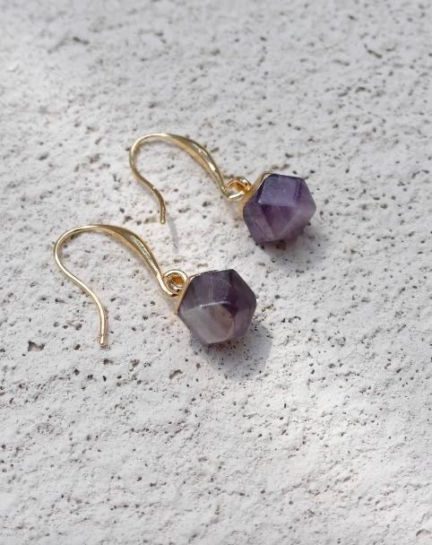Amethyst Nugget Gemstone Crystal Earrings - 18k Gold Plated
