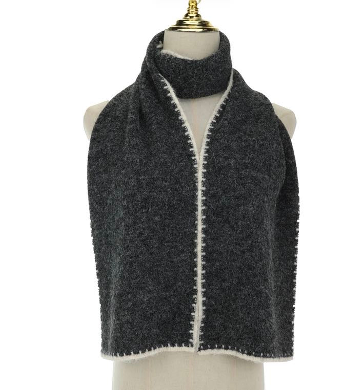 Charcoal Grey Knit Scarf with Cream Stitched Edge