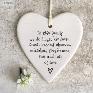 ‘In This Family We Do Hugs' Hanging Heart- East Of India
