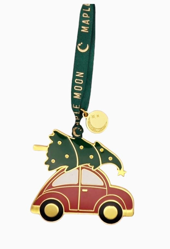 Car and Tree Gold Enamel Christmas Decoration