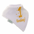 Ziggle "1 Today!" white bandana bib with gold text and scattered gold stars, displayed flat — a soft jersey unisex bib perfect for a baby's first birthday.