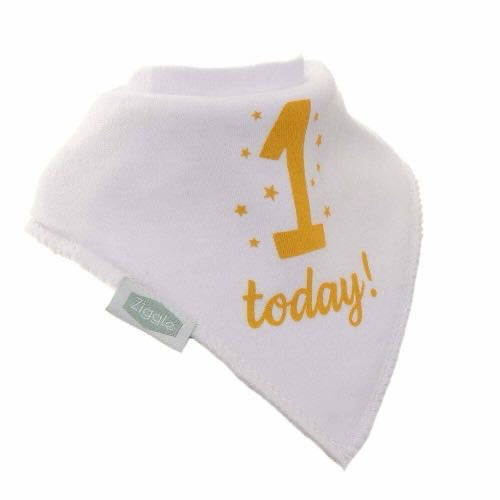 Ziggle "1 Today!" white bandana bib with gold text and scattered gold stars, displayed flat — a soft jersey unisex bib perfect for a baby's first birthday.
