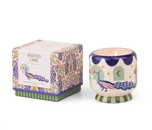 Adopt hand painted peacock ceramic boxed candle misted lime