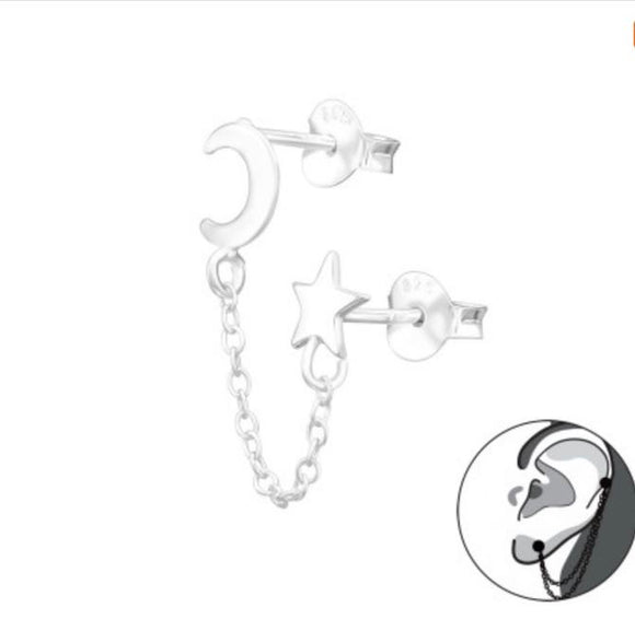 Sterling Silver Moon & Star With Hanging Chain Double Earring