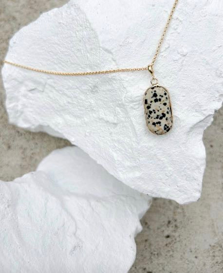 Dalmatian Jasper Rectangle Drop Gold Plated Gemstone Necklace