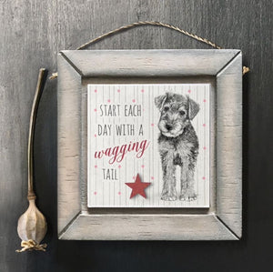 Start each day with a wagging tail dog wooden hanging plaque by east of India