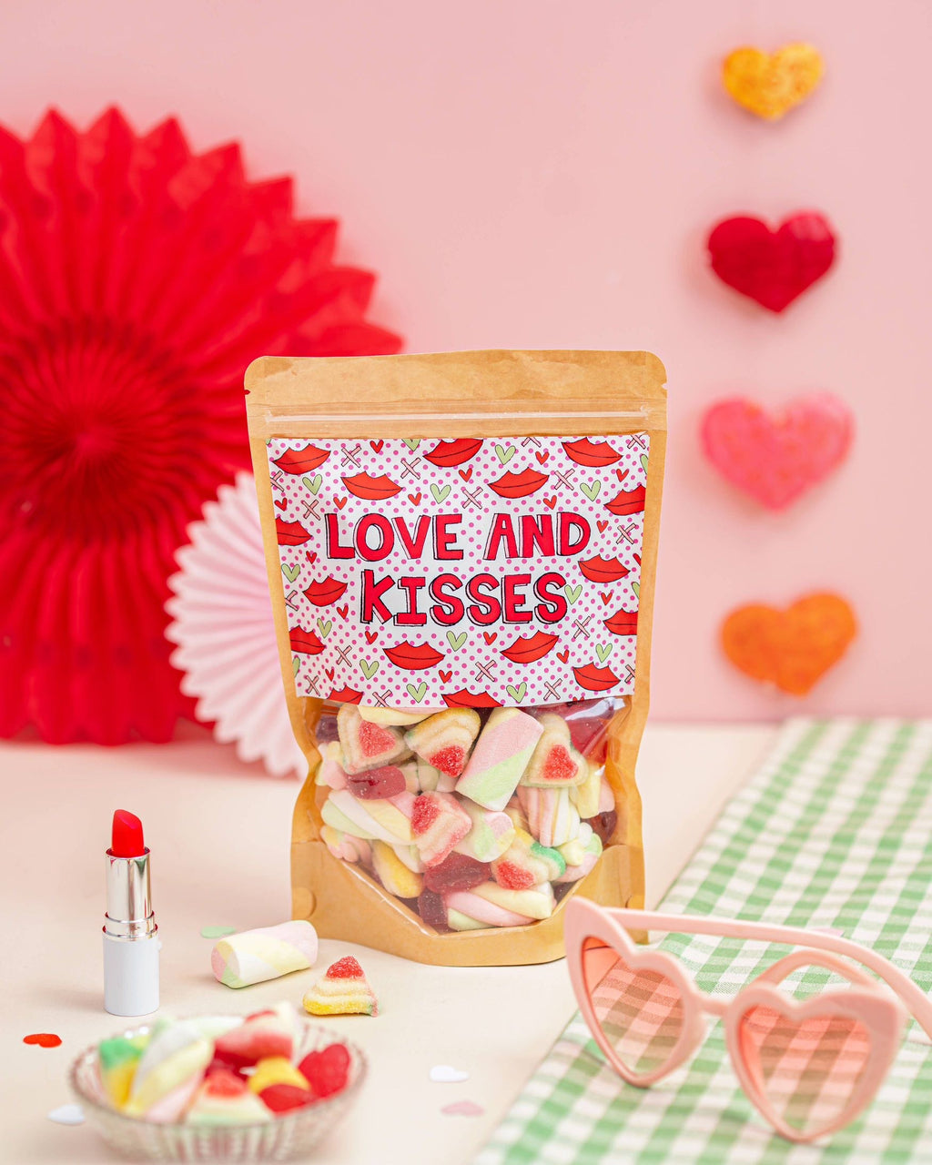 Flossy Teacake Love and Kisses sweet bag 400g with mixed sweets and pink label