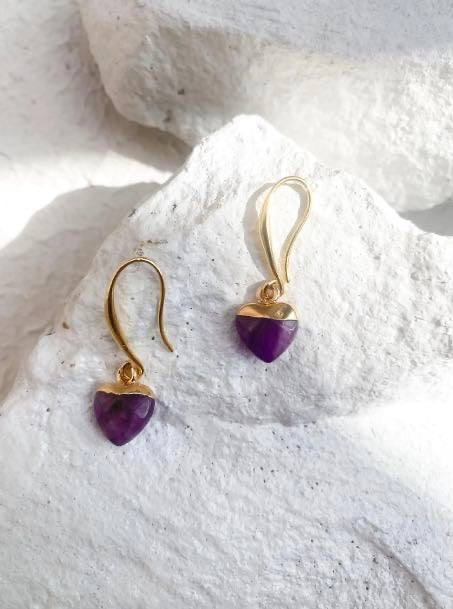 Amethyst Small Heart Gold Plated Gemstone Earrings
