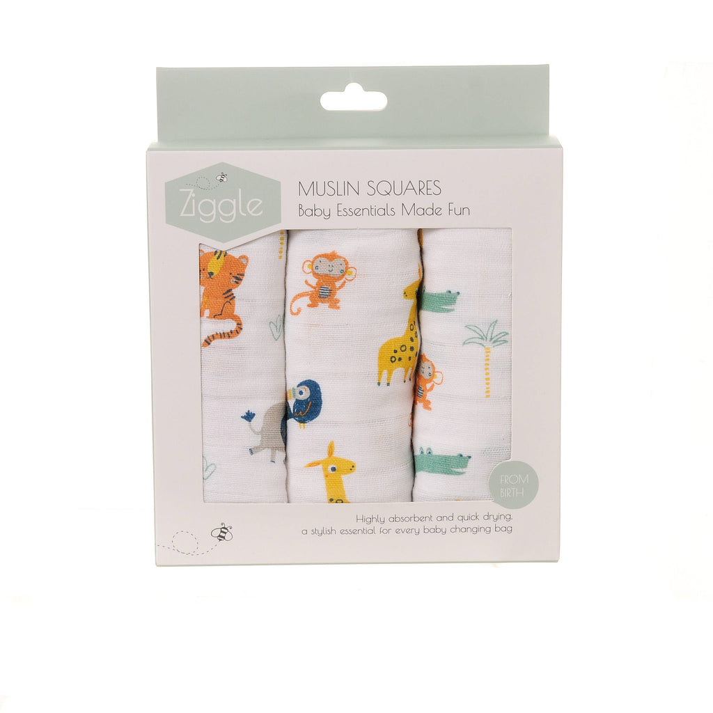 Pack of 3 Ziggle muslin squares with a colourful jungle and safari animal print featuring a tiger, monkey, giraffe, elephant, owl, crocodile, and palm trees on a white background.