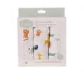 Pack of 3 Ziggle muslin squares with a colourful jungle and safari animal print featuring a tiger, monkey, giraffe, elephant, owl, crocodile, and palm trees on a white background.