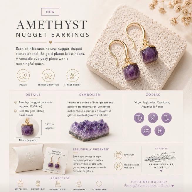 Amethyst Nugget Gemstone Crystal Earrings - 18k Gold Plated