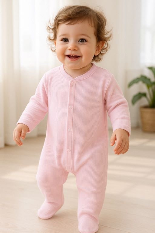 Cotton Pink Ribbed Footed Baby Grow – Sizes 0-9Months