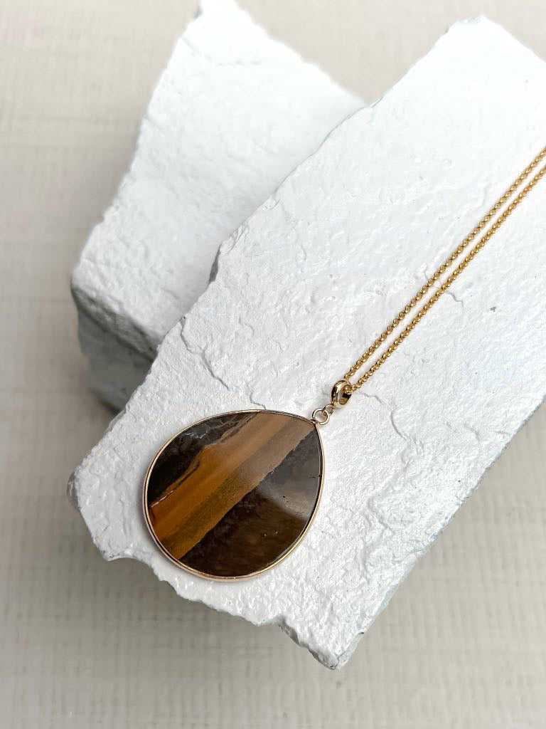 Tiger's Eye Disc Gold Plated Gemstone Crystal Necklace