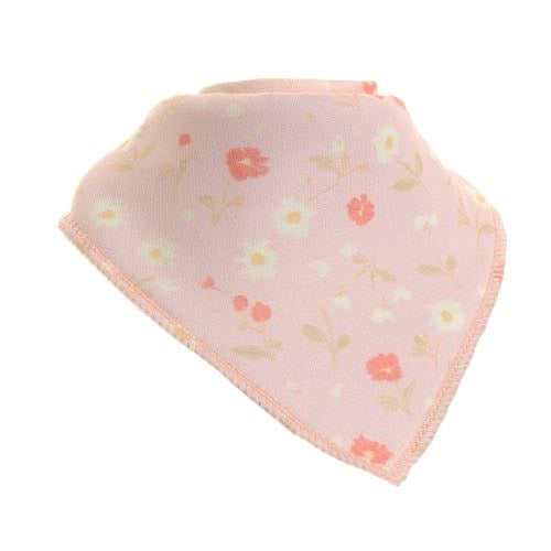 Ziggle floral baby bandana bib in soft pink with a ditsy print of white daisies, coral flowers, and green stems, made from soft jersey fabric with overlocked fringe-style edges.