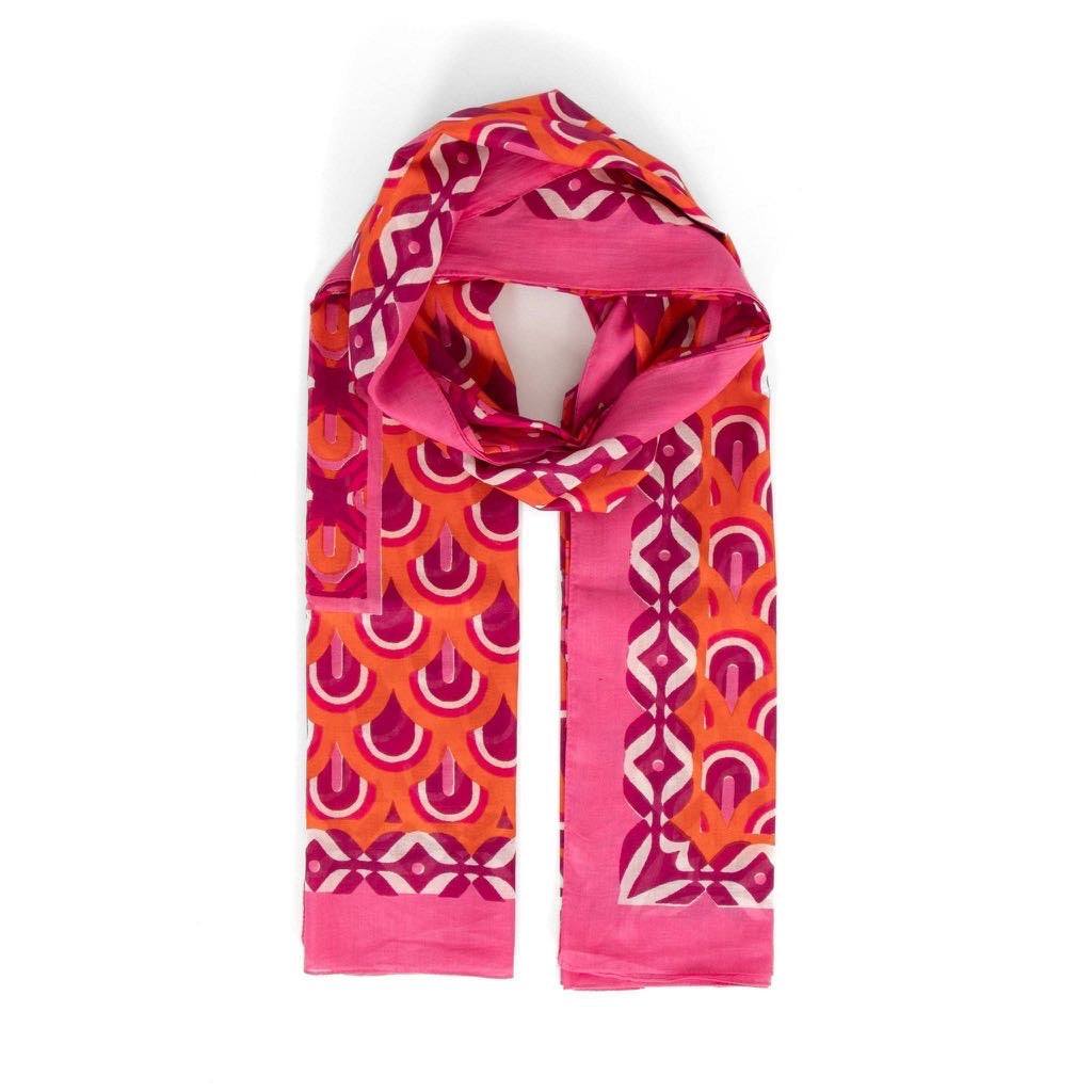 Lightweight Cotton Scarf - Pink/Orange, Retro Geometric- Sarta