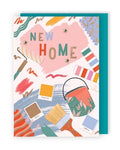 Colourful New Home greeting card with modern illustrated design and teal envelope